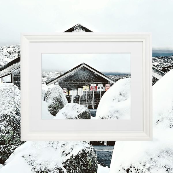 An icy capture of the Ski Patroller's Hut at the top of the Ridge Chair, Blue Cow Perisher. A3 Premium Matt Photo Print, Framed in Black or White with White Mat.